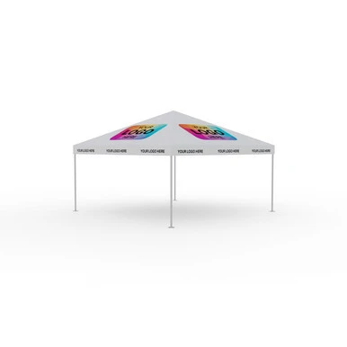 Celina Tent 15' x 15' Classic Series Frame Tent Logo Print, complete with white canopy featuring colorful logo prints on the top, supported by a sturdy frame structure.