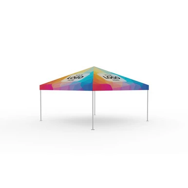 Celina Tent 15' x 15' Classic Series Frame Tent Full Digital Print, complete with colorful multi-colored canopy and four poles.