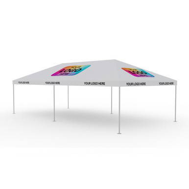 Celina Tent 15' x 30' Classic Series Frame Tent Logo Print, Complete, showing a large white event tent with colorful logo prints on the top corners and printed logo areas along the edge.