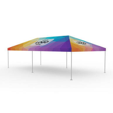 Celina Tent 15' x 30' Classic Series Frame Tent Full Digital Print, full view of the colorful printed outdoor canopy tent with metal frame and vibrant digital design