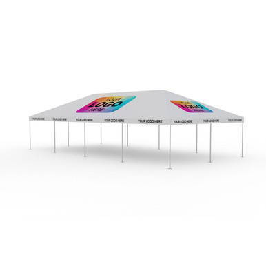 Celina Tent 20' x 40' Classic Series Frame Tent Logo Print, Complete, large white outdoor event tent with colorful logo prints on the canopy
