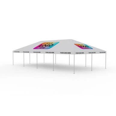 Celina Tent 20' x 40' Classic Series Frame Tent Logo Print, Complete, large white outdoor event tent with colorful logo prints on the canopy