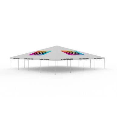 Celina Tent 40' x 40' Classic Series Frame Tent Logo Print, Sectional Tent Top, Complete, in white with colorful logo banners, set up on a white background.