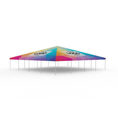 Celina Tent 40' x 40' Classic Series Frame Tent Full Digital Print, Sectional Tent Top, Complete, with colorful geometric design on the canopy and metal frame supports.