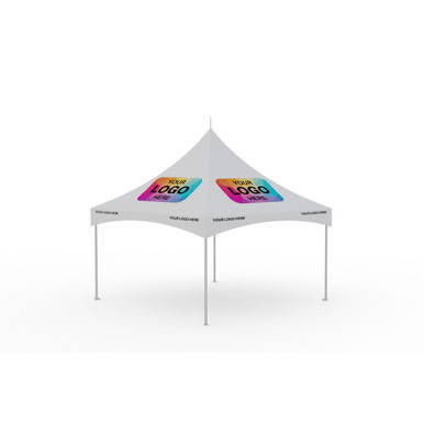 Celina Tent 15' x 15' Pinnacle Series High Peak Frame Tent / Cross Cable Marquee with Logo Print, complete setup with white fabric and colorful logo printing on two panels.
