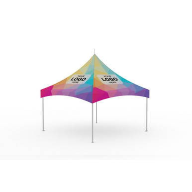 Celina Tent 15' x 15' Pinnacle Series High Peak Frame Tent / Cross Cable MarqueeFull Digital Print, complete colorful outdoor event tent with branding area and sturdy frame.