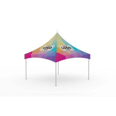 Celina Tent 15' x 15' Pinnacle Series High Peak Frame Tent / Cross Cable Marquee Full Digital Print, Complete, colorful event tent with branded print, set up on a white background.