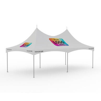 Celina Tent 15' x 30' Pinnacle Series High Peak Frame Tent / Cross Cable Marquee with Logo Print, a large white outdoor event tent with high peaked roof and adjustable height, supported by sturdy frame and sidewalls featuring custom logo graphics.