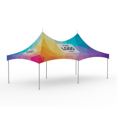Celina Tent 15' x 30' Pinnacle Series High Peak Frame Tent / Cross Cable MarqueeFull Digital Print, Complete, colorful event tent with vibrant multi-colored peaks and custom digital logo print.