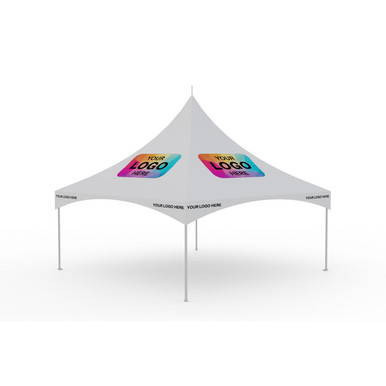 Celina Tent 20' x 20' Pinnacle Series High Peak Frame Tent / Cross Cable Marquee Logo Print, complete with a white high peak frame tent featuring custom logo printing on the canopy.