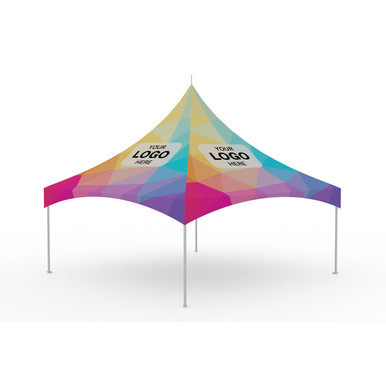 Celina Tent 20' x 20' Pinnacle Series High Peak Frame Tent / Cross Cable Marquee Full Digital Print, complete with vibrant multicolor geometric design and customizable logo areas.