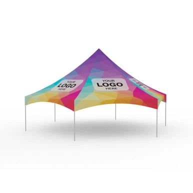 Celina Tent 30' Pinnacle Series Hexagon High Peak Frame Tent / Cross Cable Marquee Full Digital Print, Complete, showcasing a colorful hexagon-shaped event marquee with a vibrant digital printed canopy and sturdy frame structure.