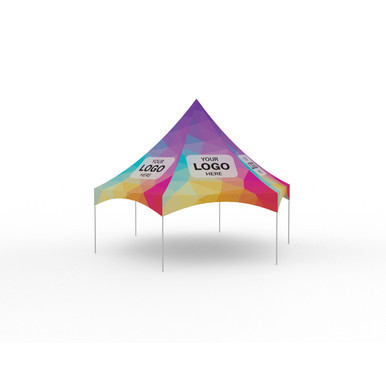Celina 20' Pinnacle Series Hexagon High Peak Frame Tent / Cross Cable Marquee Full Digital Print, complete with a colorful, custom-printed hexagonal tent with high peak roof and digital printed canopy design.