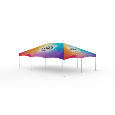 Celina Tent 20' x 30' Master Series Frame Tent Full Digital Print, with a colorful geometric pattern canopy and metal frame poles for outdoor event coverage.