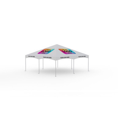 Celina Tent 20' x 20' Master Series Frame Tent Logo Print, complete with a white canopy featuring colorful logo print design, supported by a sturdy frame for outdoor events.