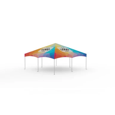 Celina Tent 20' x 20' Master Series Frame Tent Full Digital Print, colorful outdoor event tent with a vibrant, multicolored design and metal support poles.