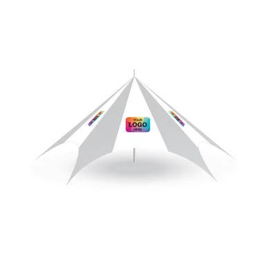 Celina Tent 52' TP Series Hexagon Tent Logo Print, complete showcase of a large white hexagon-shaped tent with print logos on the sides and a prominent logo display in the center.