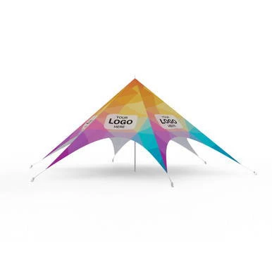 Celina Tent 52' TP Series Hexagon Tent Full Digital Print, complete with colorful geometric design and sponsor logo areas for branding.