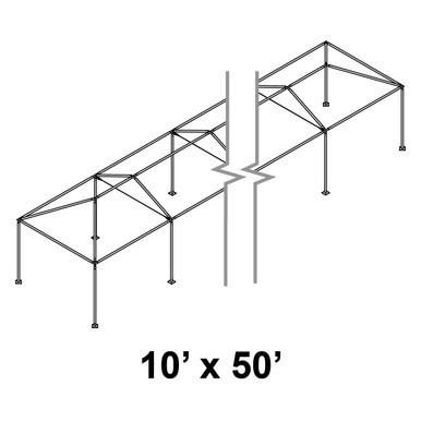 Celina 10' x 50' Classic Series Frame, line drawing of a large outdoor canopy frame with supporting legs and structural beams.