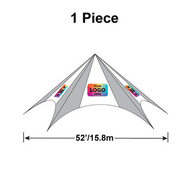 52' Diameter TP/Hexagon Tent, 1 Piece, Ratchet Top with Logo/Valance Print Only, showing a large outdoor event tent with a central logo banner and colorful valance print.