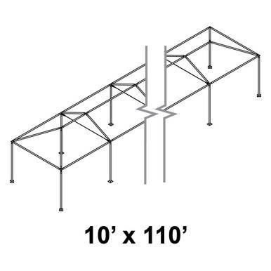 Celina 10' x 110' Classic Series Frame, a detailed line drawing of a sturdy outdoor shelter frame with supporting beams and multiple legs.