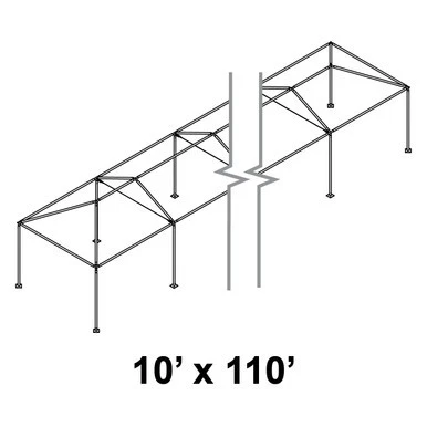Celina 10' x 110' Classic Series Frame, black metal outdoor tent frame structure shown from a top view with connected sections and supporting legs.