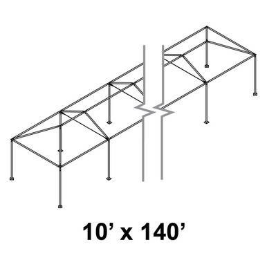 Celina 10' x 140' Classic Series Frame, technical line drawing of the outdoor canopy frame with a rectangular shape and sturdy metal construction.