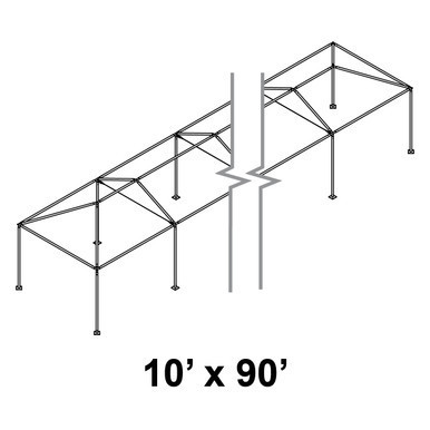 Celina 10' x 90' Classic Series Frame, a line drawing of a metal frame structure with multiple supports and a pitched roof design for outdoor use.