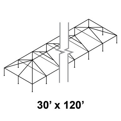 Celina 30' x 120' Classic Series Frame, illustration of a large rectangular metal frame structure with interconnected support beams and a gap showing a broken connection.