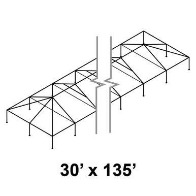 Celina 30' x 135' Classic Series Frame, a detailed line drawing of a rectangular outdoor event tent structure with support frames and canopy, displaying its dimensions.