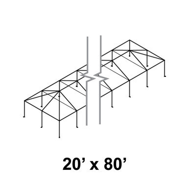 Celina 20' x 80' Master Series Frame, an image of a large outdoor metal frame structure with a central chimney for a fire pit or similar installation.