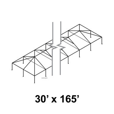 Celina 30' x 165' Master Series Frame, a large outdoor tent frame structure with a sturdy metal framework and multiple sections designed for spacious outdoor event coverage.
