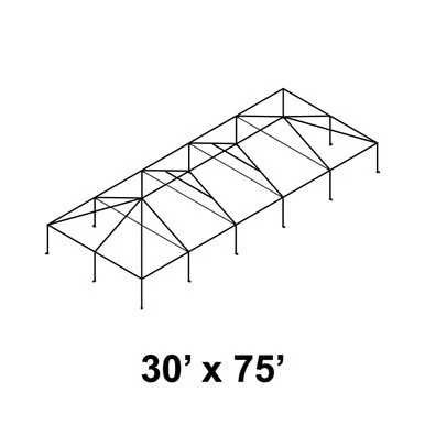Celina 30' x 75' Master Series Frame, a metal framework structure with multiple interconnected sections and supporting legs for construction or event purposes.