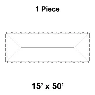 Celina 15' x 50' Classic Frame Tent, 1 Piece, 16 oz. Ratchet Top, top view illustration of the rectangular tent with a sloped roof and detailed outline of the frame structure.