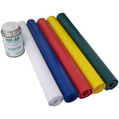 Celina Tent 16oz. Forest Green Vinyl Repair Kit, image showing a small can of vinyl cement and five rolls of colored vinyl fabric in white, blue, red, yellow, and green.