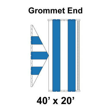 Celina Tent 40' x 20' Classic Gable Frame Tent Top, Grommet End, detailed with blue fabric sections and grommets at the end.