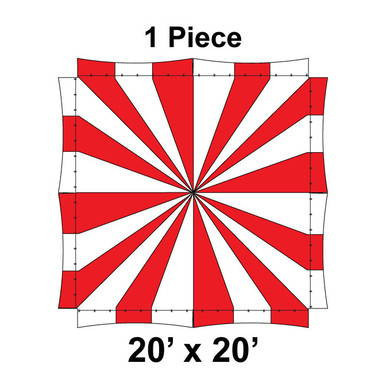 Celina Tent 20' x 20' Master High Peak Frame Tent, 1 Piece, 16 oz. Ratchet Top, image showing a square tent with a red and white striped pattern taken from above.
