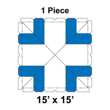 Celina Tent 15' x 15' Classic Pole Tent, 1 Piece, 16 oz. Ratchet Top, floor plan diagram showing the layout of a square tent with blue sections indicating the pole placements.