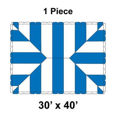 Celina Tent 30' x 40' Classic Pole Tent, 1 Piece, 16 oz. Ratchet Top, image featuring a large outdoor tent with blue and white striped fabric and a sturdy construction for events and gatherings.