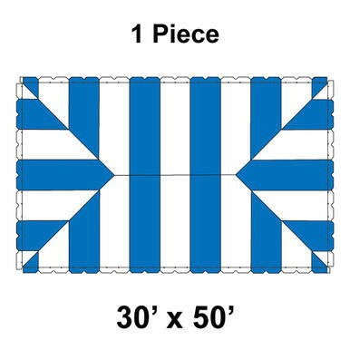 Celina Tent 30' x 50' Classic Pole Tent, 1 Piece, 16 oz. Ratchet Top, featuring a blue and white striped pattern with reinforced edges.