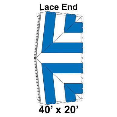Celina Tent 40' x 20' Classic Pole Tent Top, Lace End, schematic diagram showing the layout and design of the tent top with blue shaded areas and labeled lace end sections.