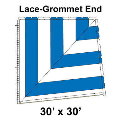 Celina Tent 60' Classic Pole Tent Top, Lace-Grommet End, detailed diagram of a blue tent top with measurements 30' x 30' showing grommet placement and tent structure.