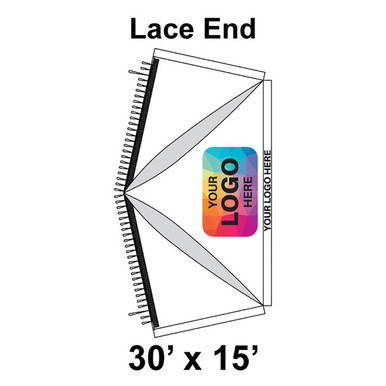 Celina Tent 30' x 15' Premiere I Series High Peak Pole Tent Top, Lace End, diagram of tent top with lace end detail and dimensions of 30 feet by 15 feet.