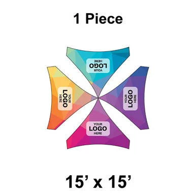 Celina Tent 15' x 15' Pinnacle Series High Peak Frame Tent, 1 Piece, 16 oz. Ratchet Top Replacement, showing a colorful fabric piece with customizable logo areas and high peak design.