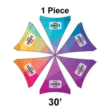 Celina Tent 30' Pinnacle Series Hexagon High Peak Frame Tent, 1 Piece Top Only, with prefabricated, colorful fabric sections in yellow, blue, purple, pink, and orange for custom logo placement.