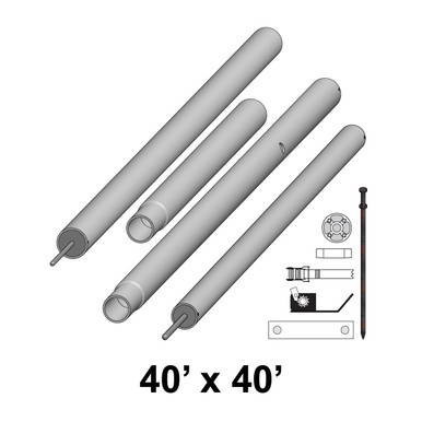 Celina Tent 40' x 40' Premiere II Series High Peak Pole Kit, image showing four large cylindrical aluminum tent poles with fittings and accessories for assembling a high peak marquee tent.