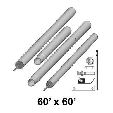 Celina Tent 60' x 60' Premiere II Series High Peak Pole Kit, image showing four white high peak tent poles with additional hardware and tools for assembly.