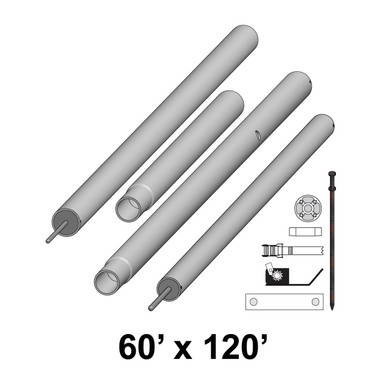 Celina Tent 60' x 120' Premiere II Series High Peak Pole Kit, image showing metal poles, small parts, and assembly components for tent support.