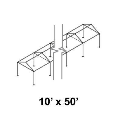 Celina Tent 10' x 50' Gable Series Frame, a metal frame structure for outdoor event tents with a gable roof design and sturdy support pillars.