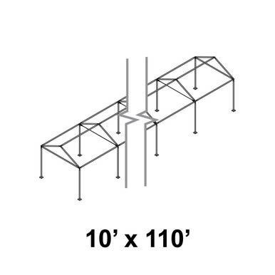 Celina Tent 10' x 110' Gable Series Frame, structural framework of the large outdoor tent with metal supports and roof trusses.